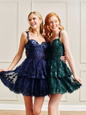 Blondie Nites "Alexandra" Short Mesh Illusion Party Dress Navy Sz 11 Prom Formal